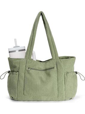 Women's Green Laptop Compartment Large Corduroy Tote Bag with Stanley Cup Holder